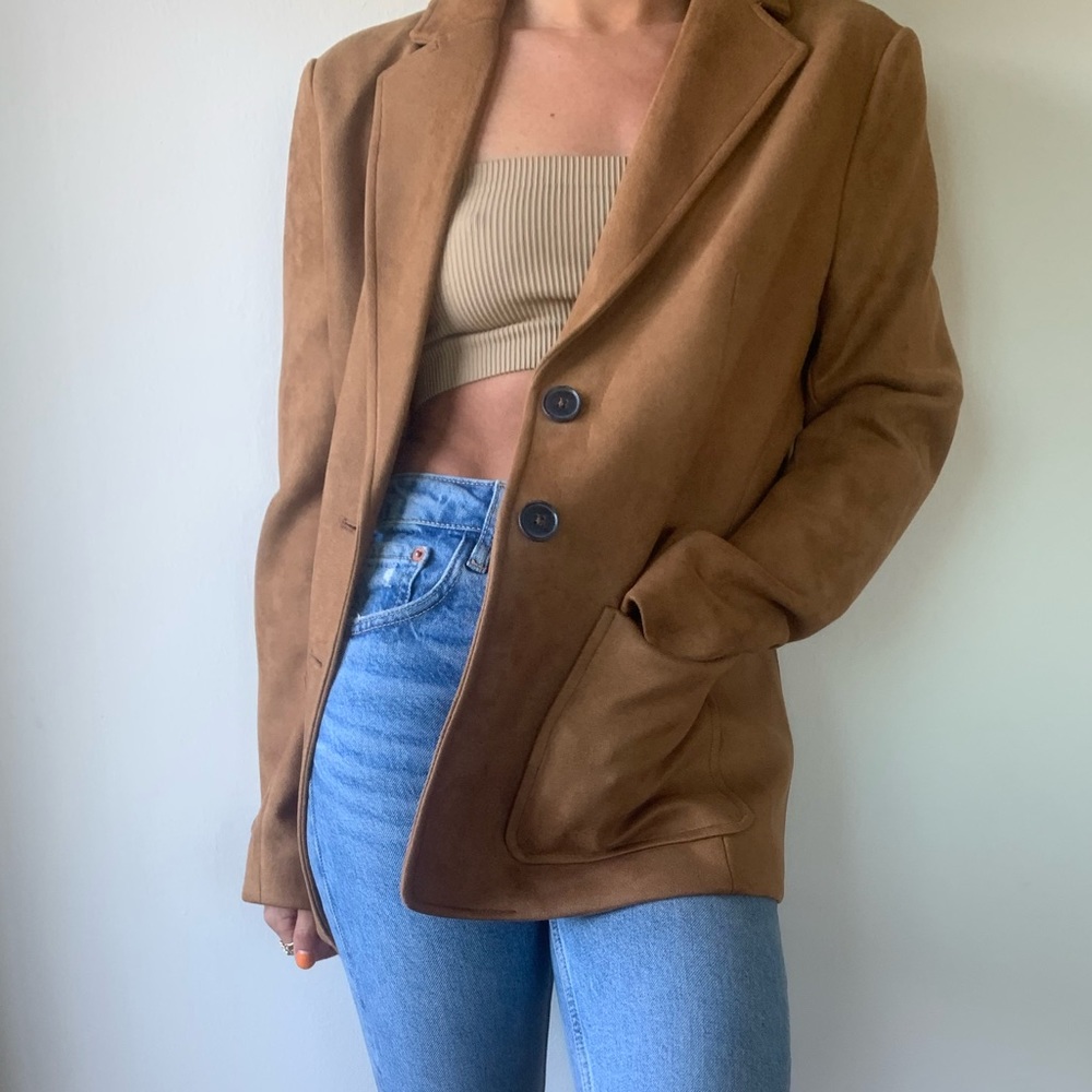 TAHARI brown tan suede blazer with pockets